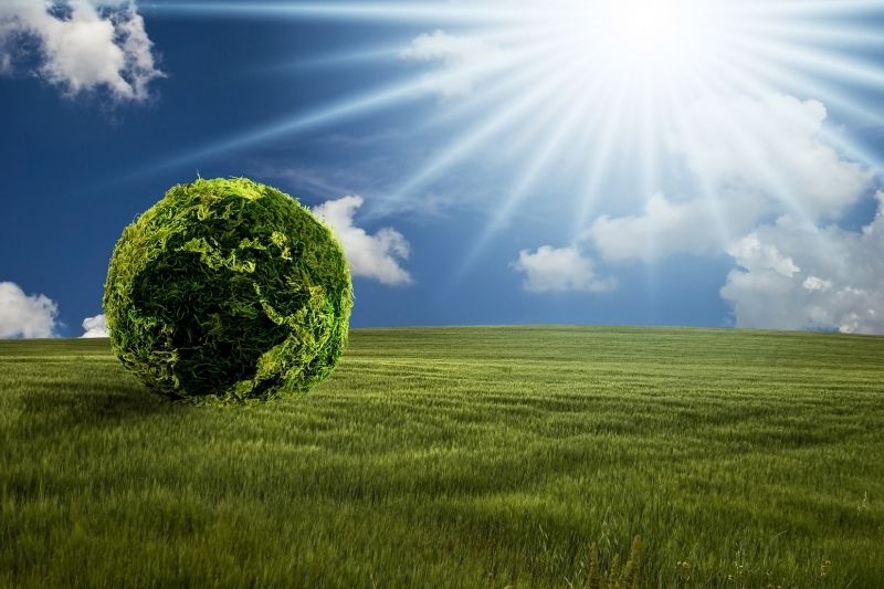 A grassy field under a blue sky with sunlight streaming through clouds, featuring a spherical ball of green foliage.